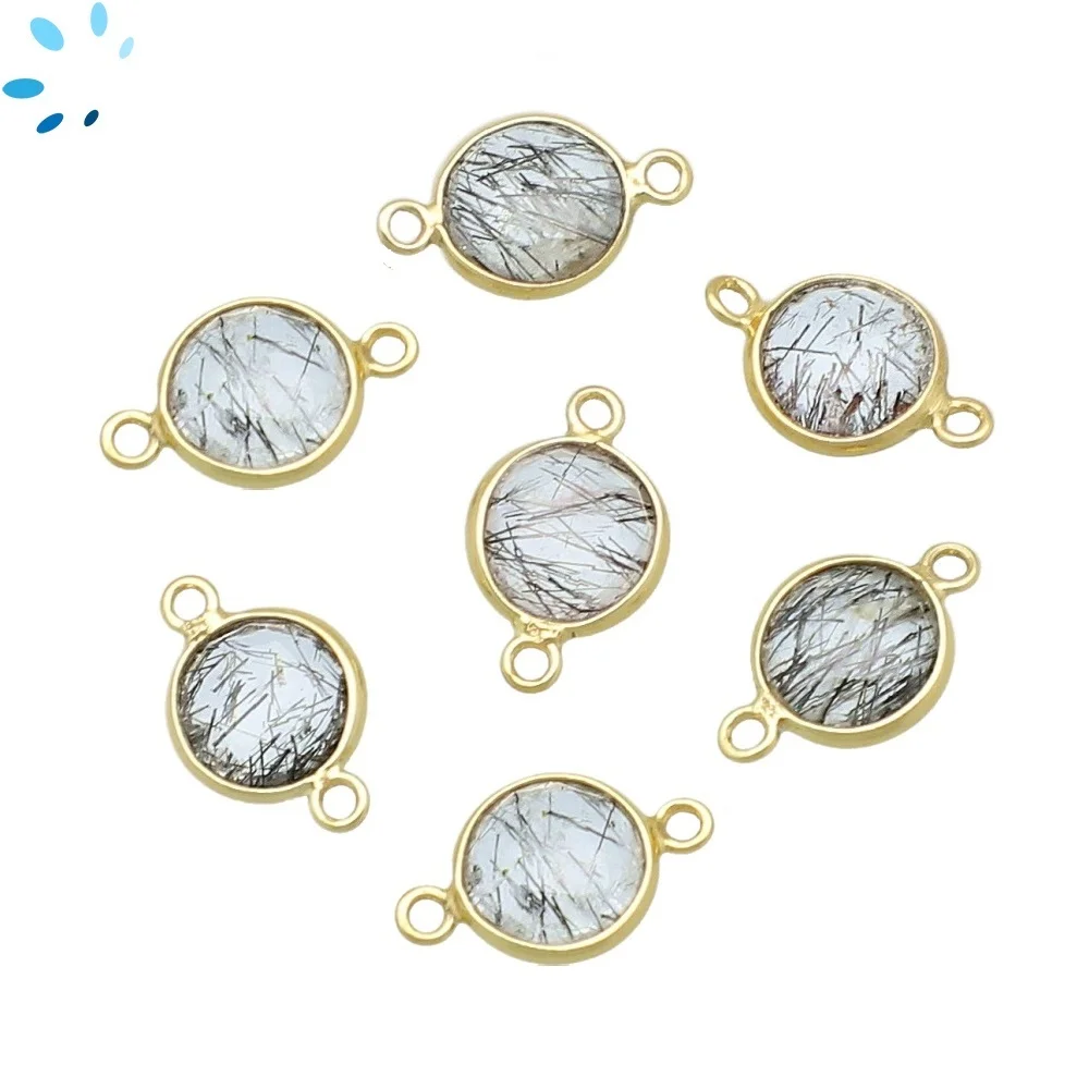 Tourmaline Quartz Coin Bezel Connector 9mm - 18k Gold Plated Sterling Silver - Set of 4