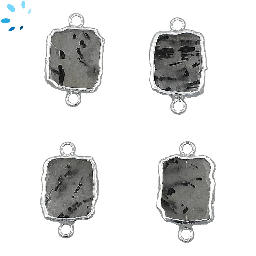 Tourmaline Quartz Slice Connector 12x10 - 14x12mm Silver Electroplated - Set of 4