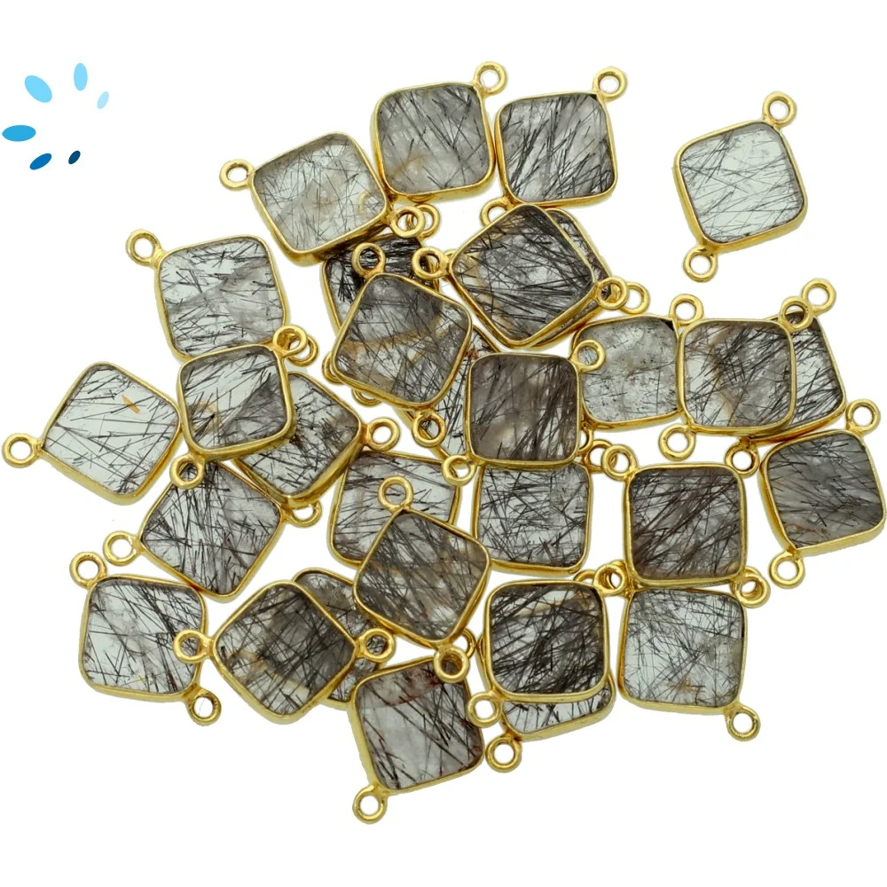 Tourmaline Quartz Square Bezel Connector 10mm - 18k Gold Plated Sterling Silver - Set of 4
