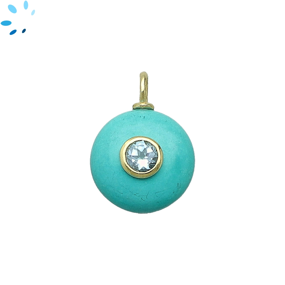 Turquoise & Blue Topaz Round Inlay Charm Pendant 16mm - 18k Gold Plated Sterling Silver
