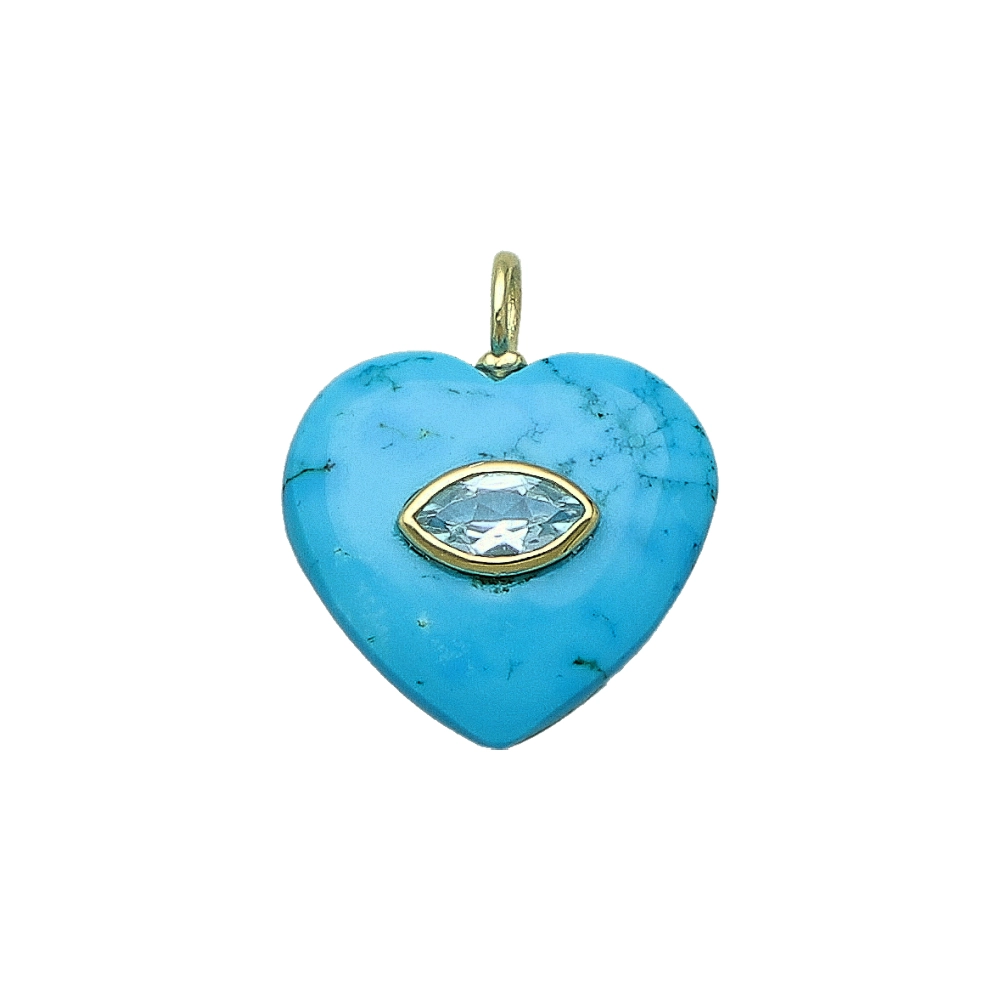 Turquoise Color Howlite & Blue Topaz Heart Inlay Pendant Charm 19mm - 18k Gold Plated Sterling Silver