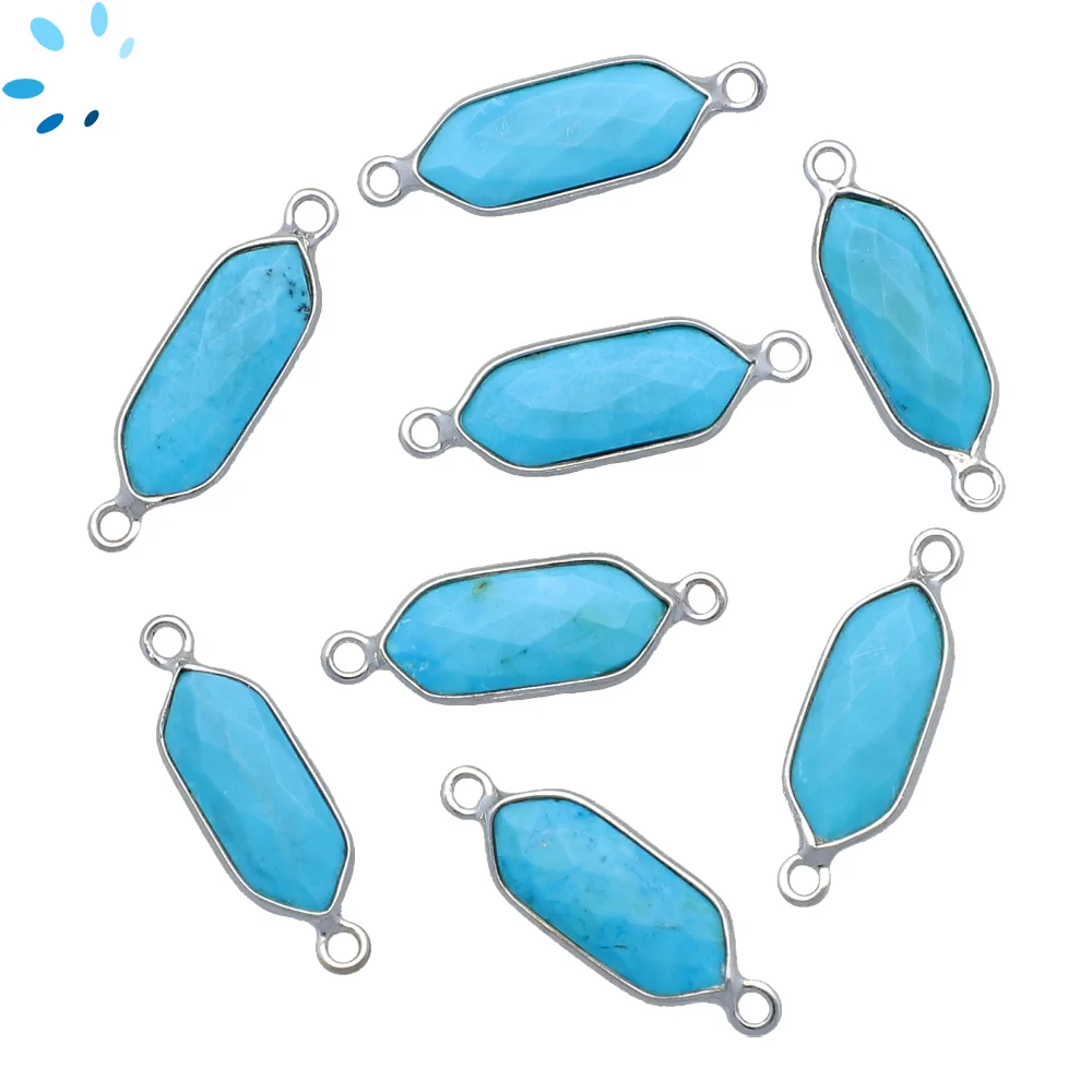 Turquoise Color Howlite Elongated Hexagon Bezel Connector 16x7 - 18x8mm - Platinum Plated Sterling Silver - Set of 4