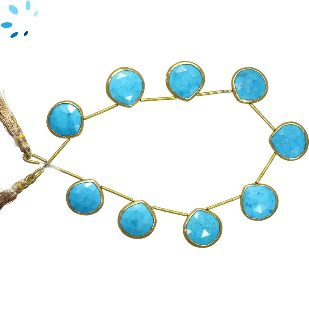 Turquoise Color Howlite Faceted Heart Bezel Set Beads 12mm Top Drilled - 18k Gold Plated Sterling Silver