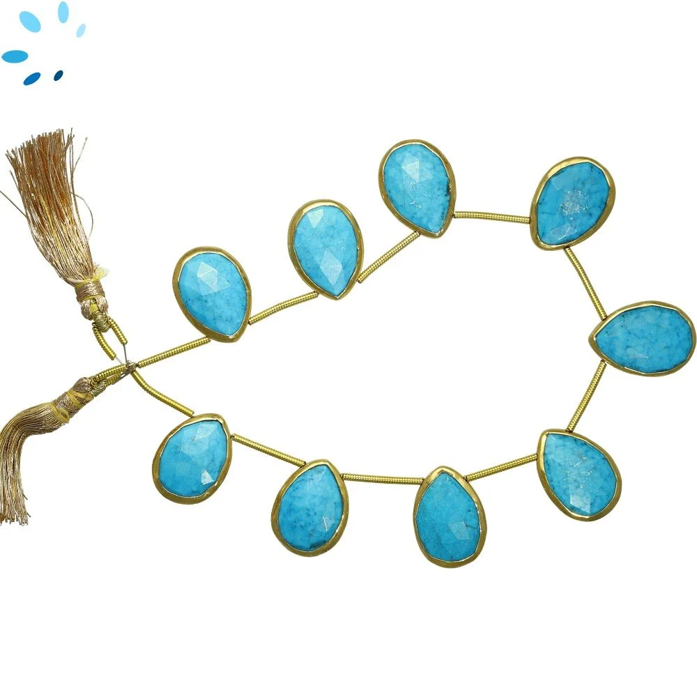 Turquoise Color Howlite Faceted Pear Bezel Set Beads 15x11 - 17x13mm Top Drilled - 18k Gold Plated Sterling Silver