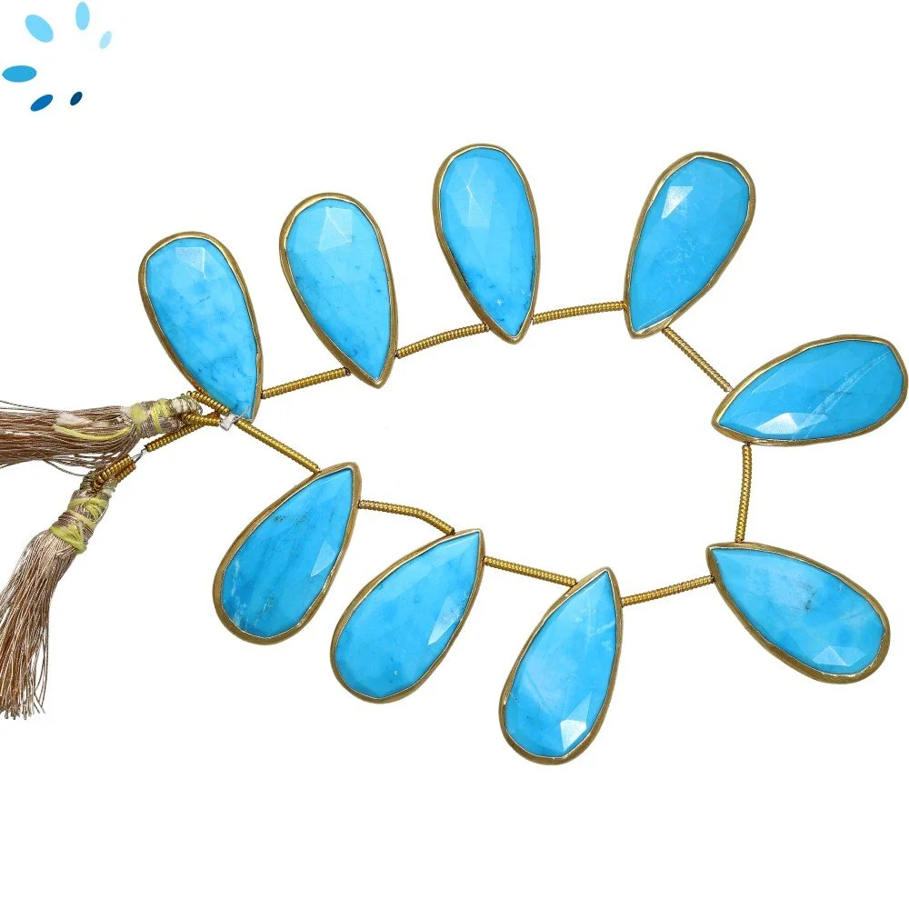 Turquoise Color Howlite Faceted Pear Bezel Set Beads 24x12 - 28x14mm Top Drilled - 18k Gold Plated Sterling Silver