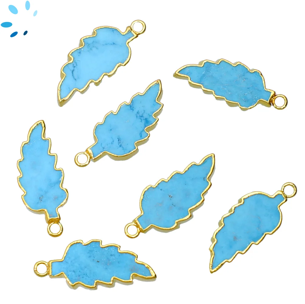 Turquoise Color Howlite Leaf Charm Pendant 22x10 - 24x12mm 18k Gold Electroplated - Set of 4