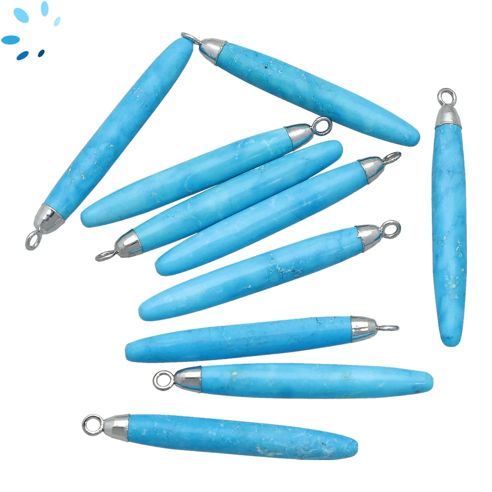 Turquoise Color Howlite Long Drop Charm Pendant 39x6 - 41x6mm Silver Electroplated - Set of 2