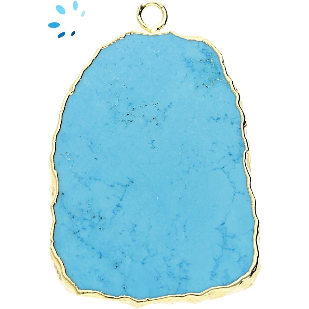 Turquoise Color Howlite Slice Pendant Charm 35x25mm 18k Gold Electroplated - By Piece