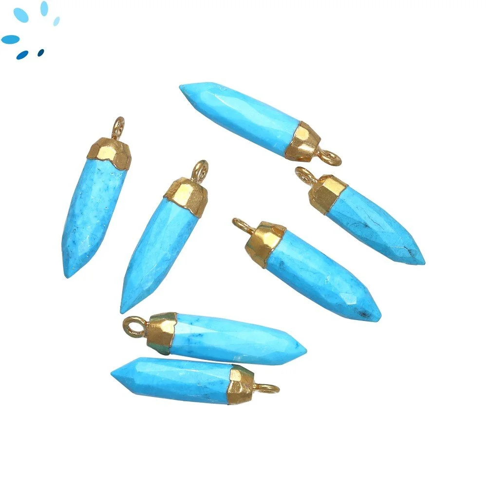 Turquoise Color Howlite Spike Charm Pendant 18x5mm 18k Gold Electroplated - Set of 4
