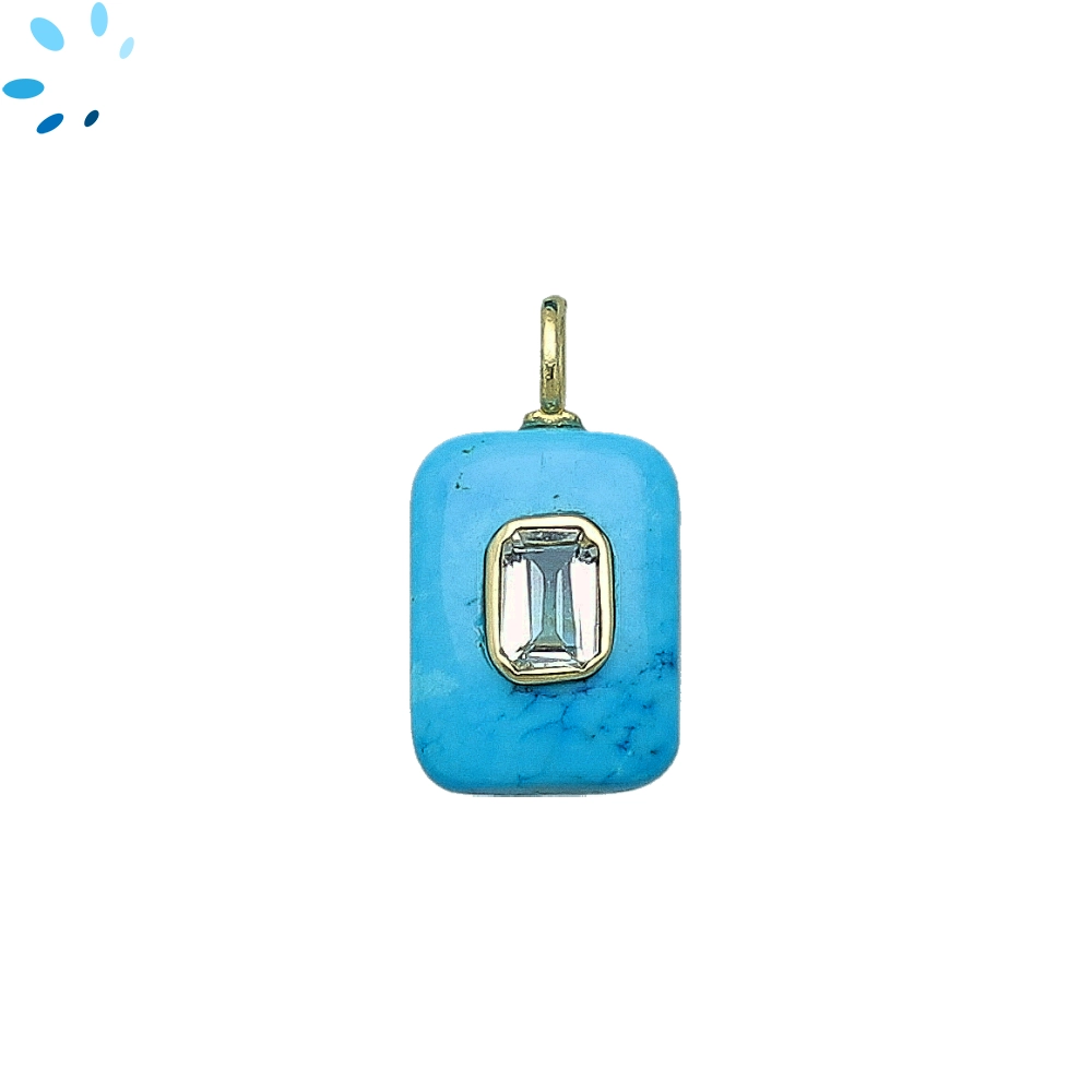 Turquoise Color Howlite & White Topaz Rectangle Inlay Pendant Charm 15x11mm - 18k Gold Plated Sterling Silver