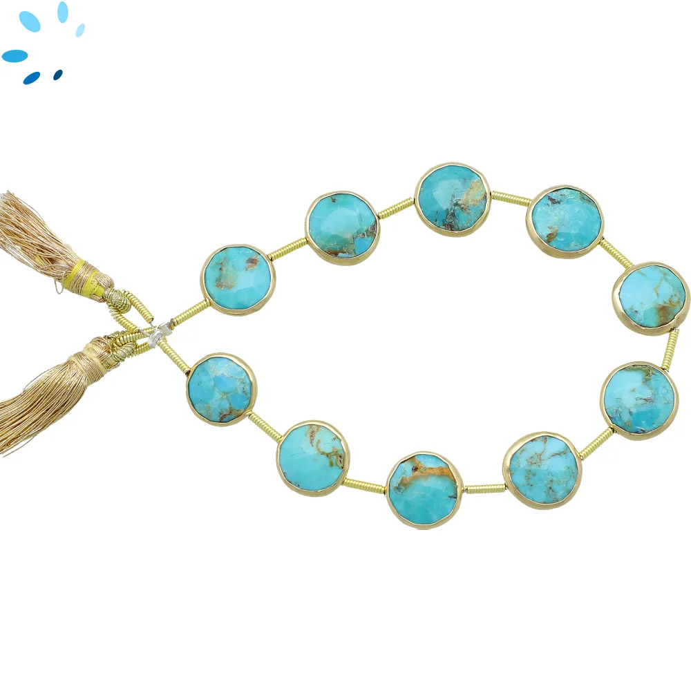 Turquoise Faceted Coin Bezel Set Beads 10mm Center Drilled - 18k Gold Plated Sterling Silver