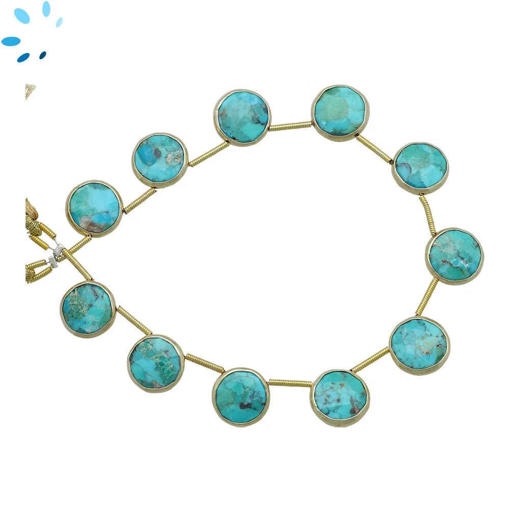 Turquoise Faceted Coin Bezel Set Beads 12.5mm Top Drilled - 18k Gold Plated Sterling Silver