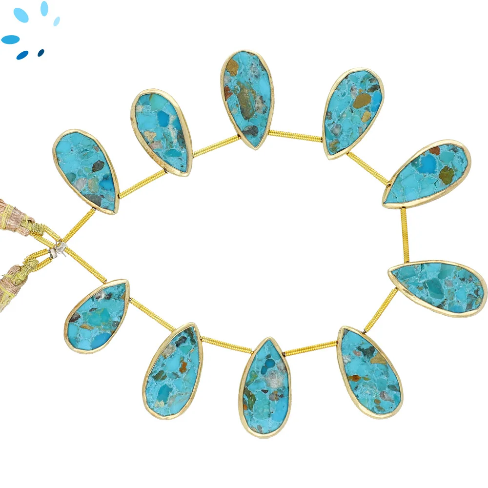 Turquoise Faceted Long Pear Bezel Set Beads 24x14mm Top Drilled - 18k Gold Plated Sterling Silver