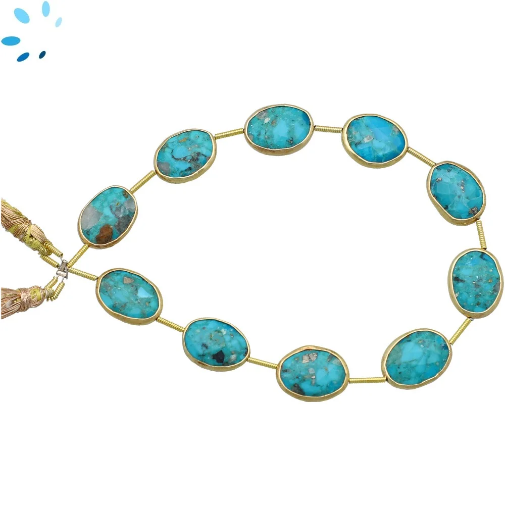 Turquoise Faceted Nuggets Bezel Set Beads 15x12mm Top to Bottom Drilled - 18k Gold Plated Sterling Silver