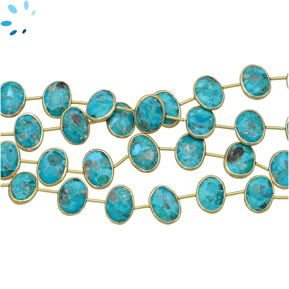 Turquoise Faceted Nuggets Bezel Set Beads 16x13mm Center Drilled - 18k Gold Plated Sterling Silver
