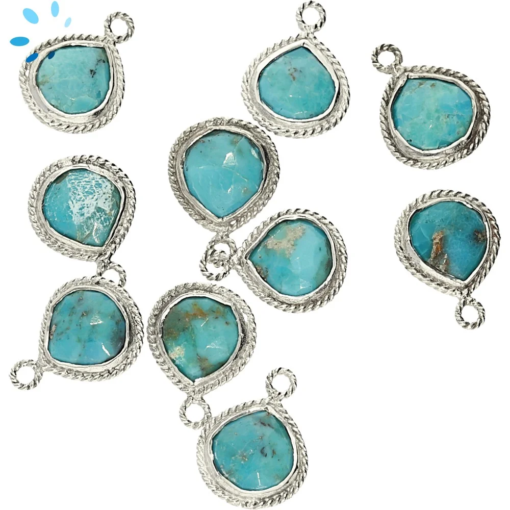 Turquoise Heart Twisted Wire Bezel Charm Pendant 10mm - Platinum Plated Sterling Silver - Set of 4