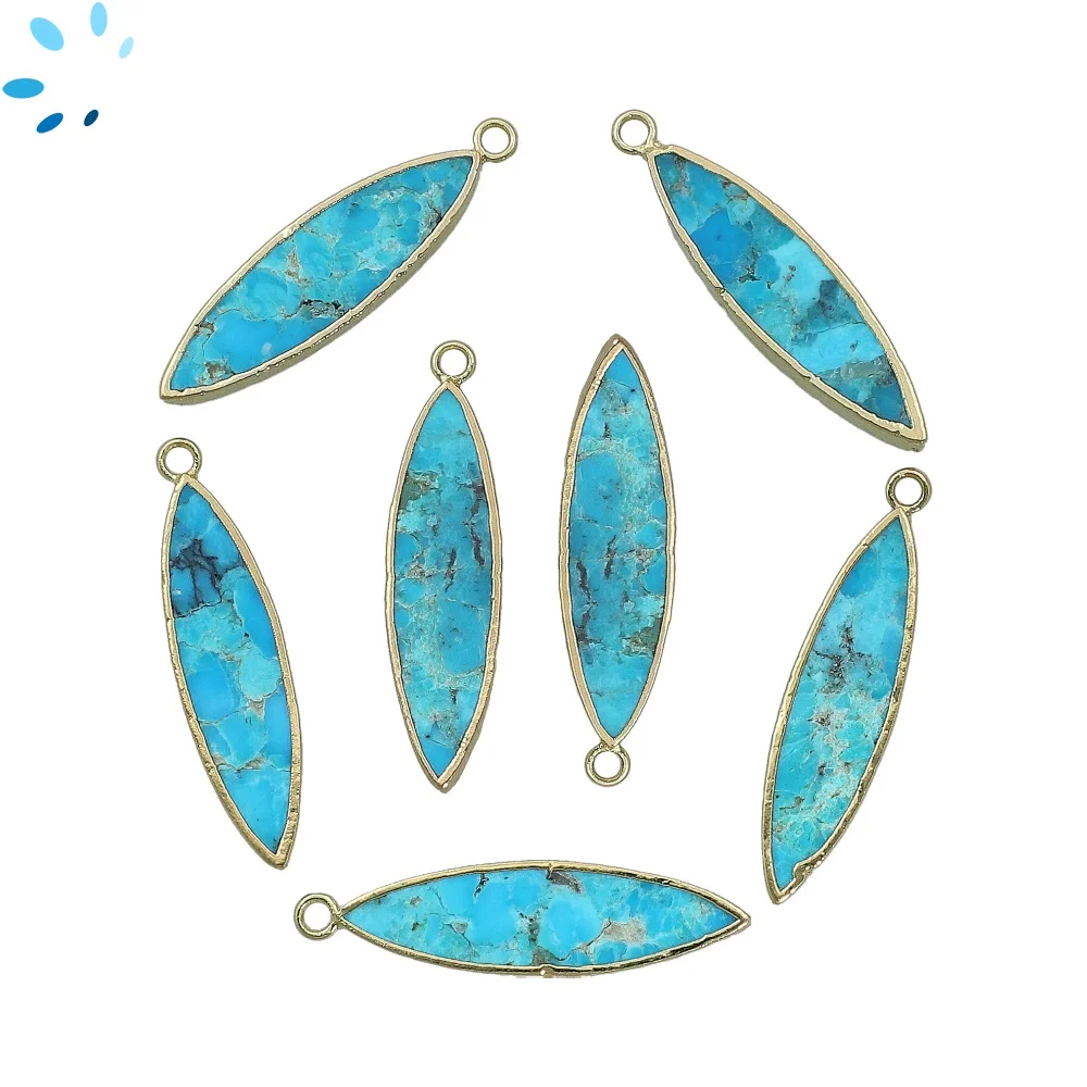 Turquoise Marquise Charm Pendant 30x7mm 18k Gold Electroplated - Set of 2