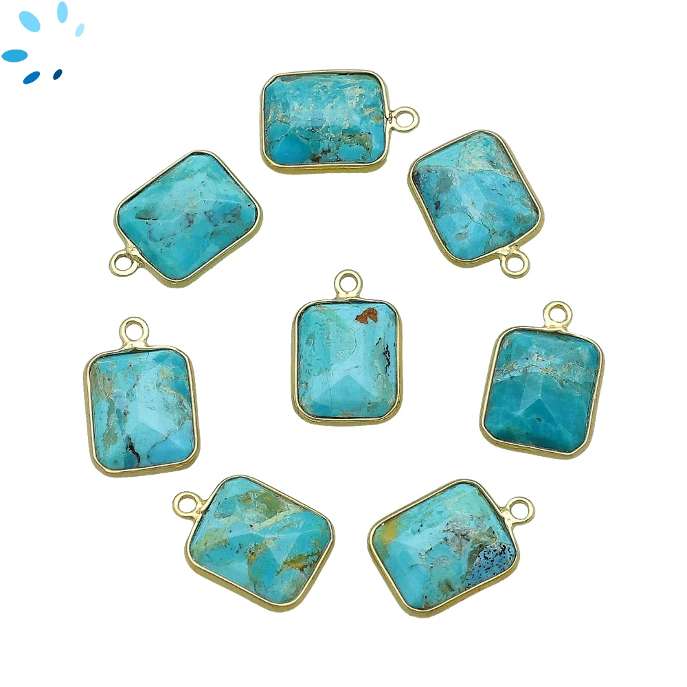 Turquoise Rectangle Bezel Pendant Charm 14x10mm - 18k Gold Plated Sterling Silver - Set of 4