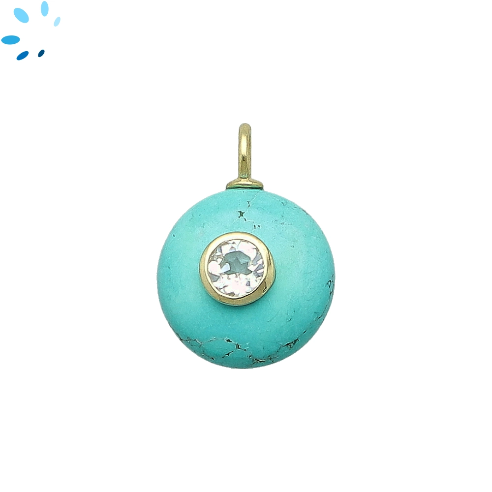 Turquoise & White Topaz Round Inlay Pendant Charm 16mm - 18k Gold Plated Sterling Silver