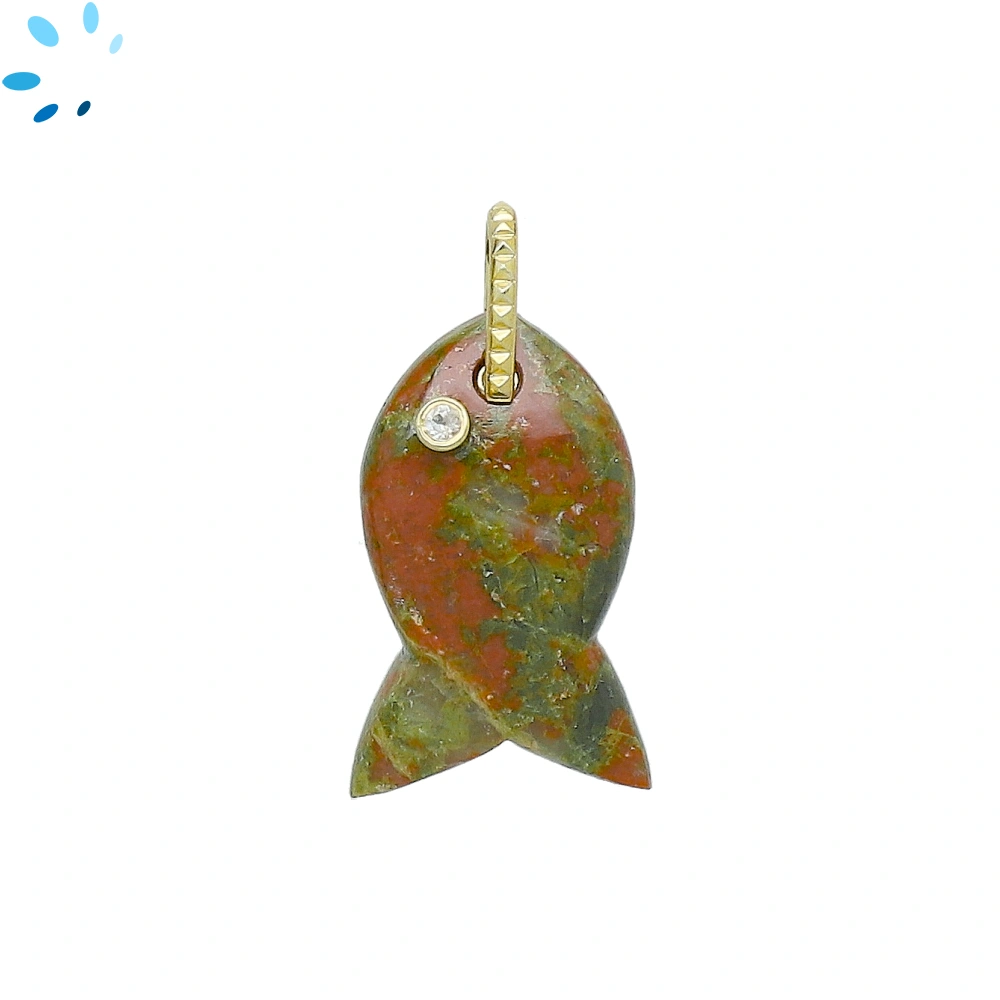 Unakite & White Topaz Vertical Chunky Fish Inlay Pendant Charm 26x15mm - 18k Gold Plated Sterling Silver - 1 Piece