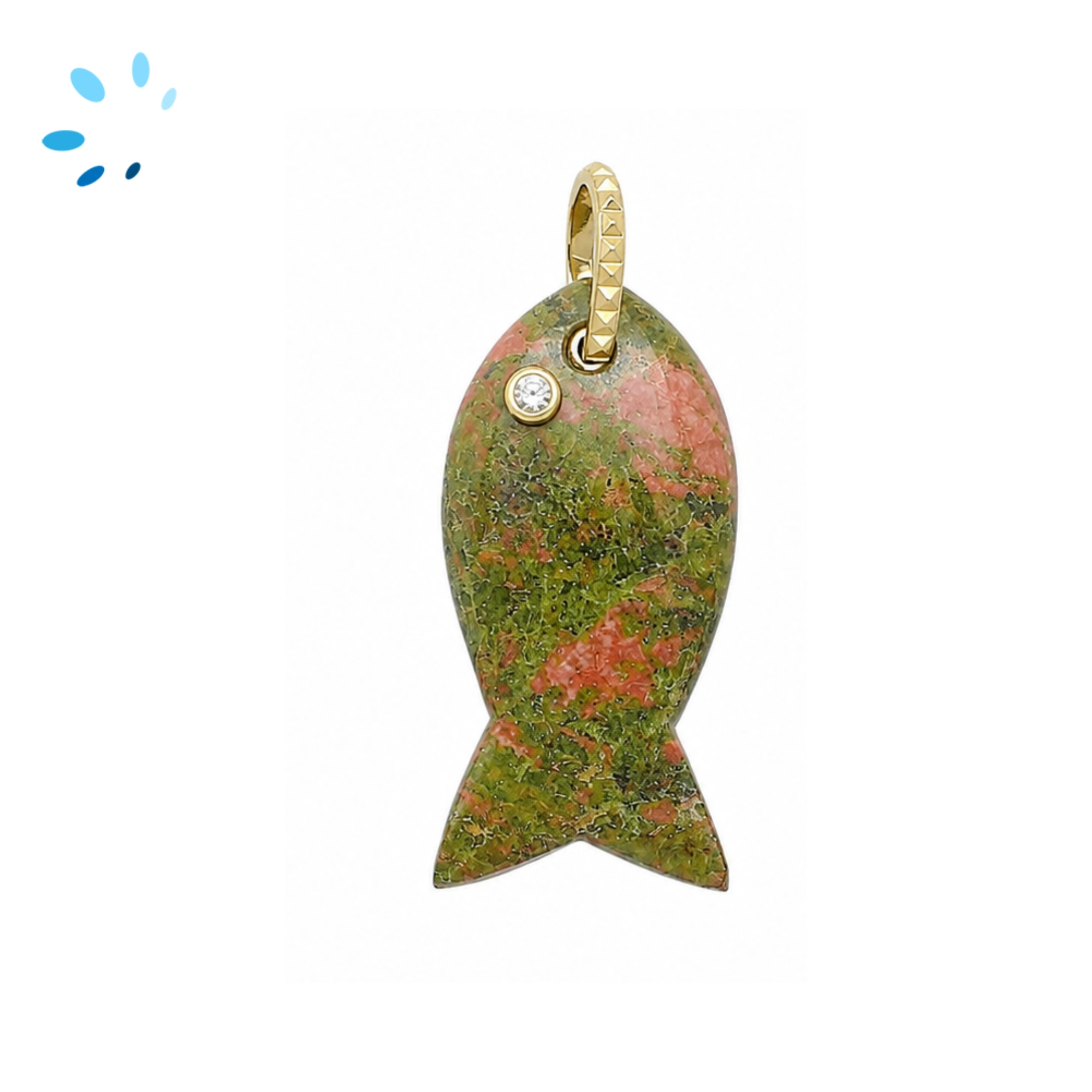 Unakite & White Topaz Vertical Chunky Fish Inlay Pendant Charm 32x15mm - 18k Gold Plated Sterling Silver 1 Piece