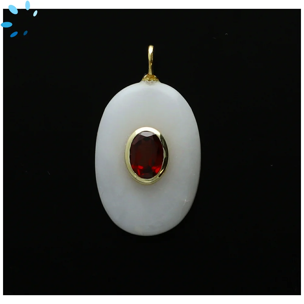 White Aventurine & Garnet Oval Inlay Pendant Charm 22x15mm - 18k Gold Plated
