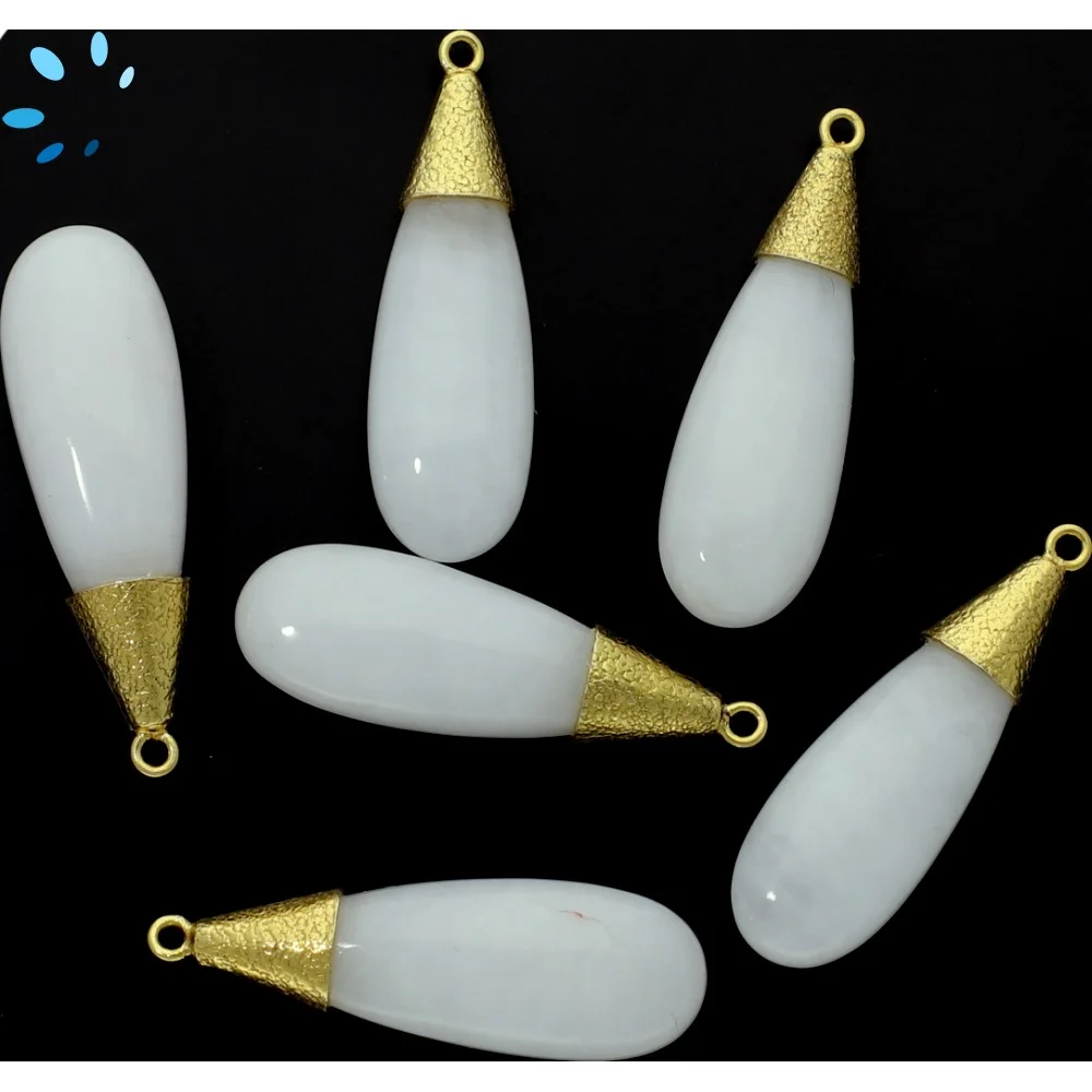 White Aventurine Long Drop Bezel Pendant Charm 30x10 - 35x12mm - 18k Gold Plated Sterling Silver - Set of 2