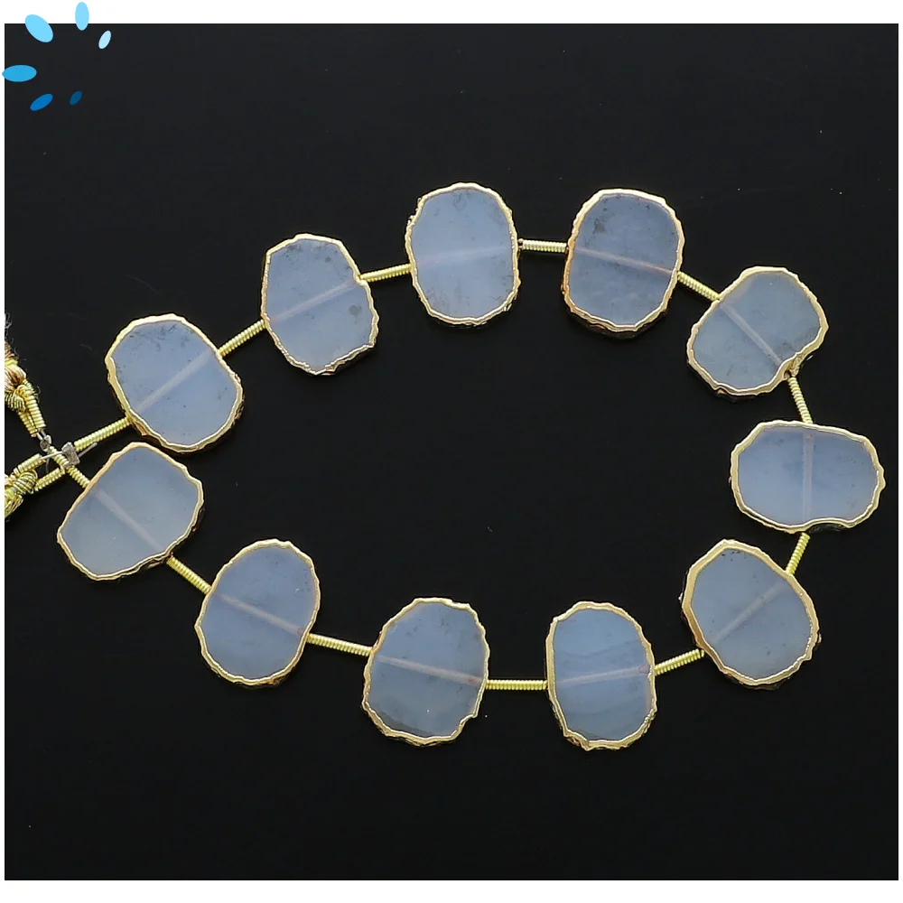 White Chalcedony Center Drilled Slice Beads 15x12mm - 18k Gold Electroplated