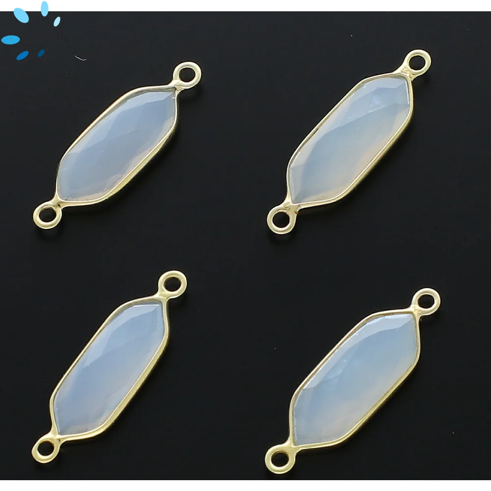 White Chalcedony Elongated Hexagon Bezel Connector 16x7 - 18x8mm - 18k Gold Plated Sterling Silver - Set of 4