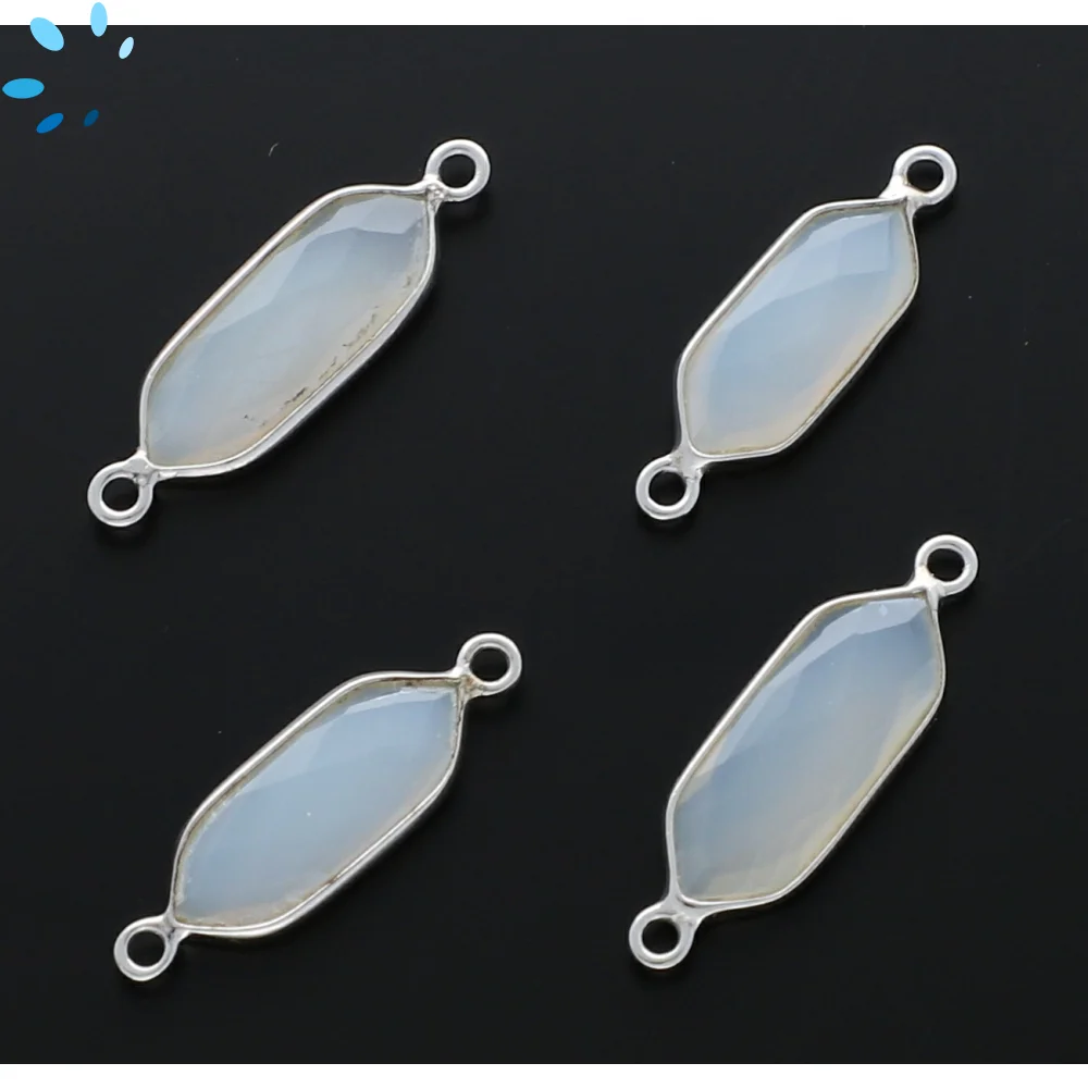 White Chalcedony Elongated Hexagon Bezel Connector 16x7 - 18x8mm - Platinum Plated Sterling Silver - Set of 4