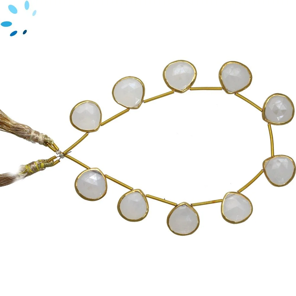 White Chalcedony Faceted Heart Bezel Set Beads 14mm Top Drilled - 18k Gold Plated Sterling Silver