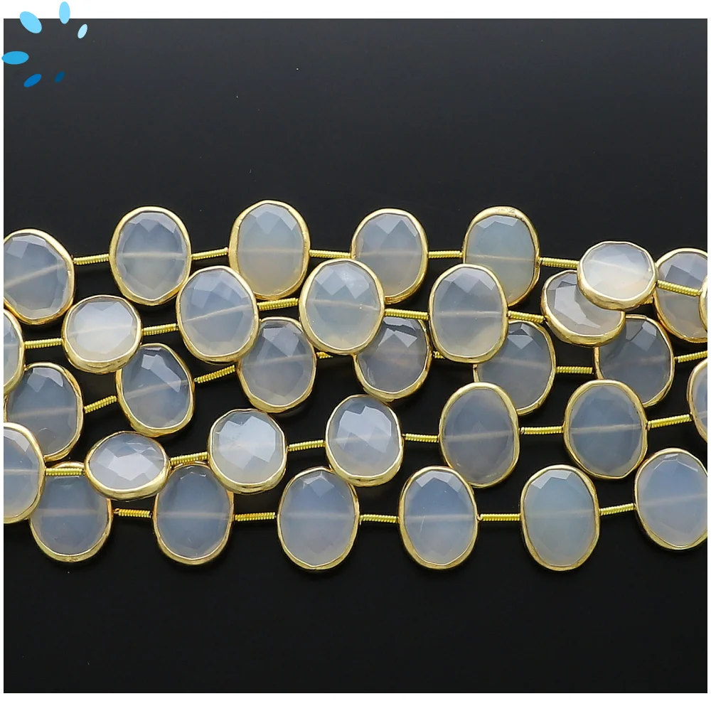 White Chalcedony Faceted Nuggets Bezel Set Beads 15x12mm Center Drilled - 18k Gold Plated Sterling Silver