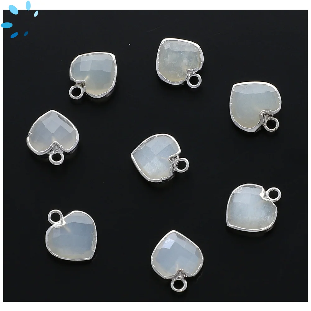 White Chalcedony Heart Charm Pendant 9mm Platinum Electroplated - Set of 4