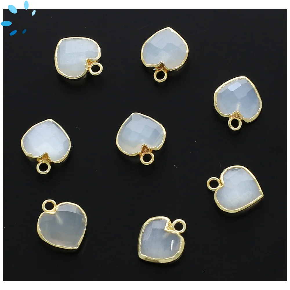 White Chalcedony Heart Pendant Charm 9mm 18k Gold Electroplated - Set of 4