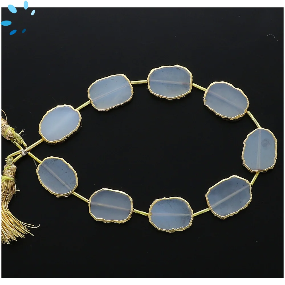 White Chalcedony Top to Bottom Drilled Slice Beads 15x12mm - 18k Gold Electroplated