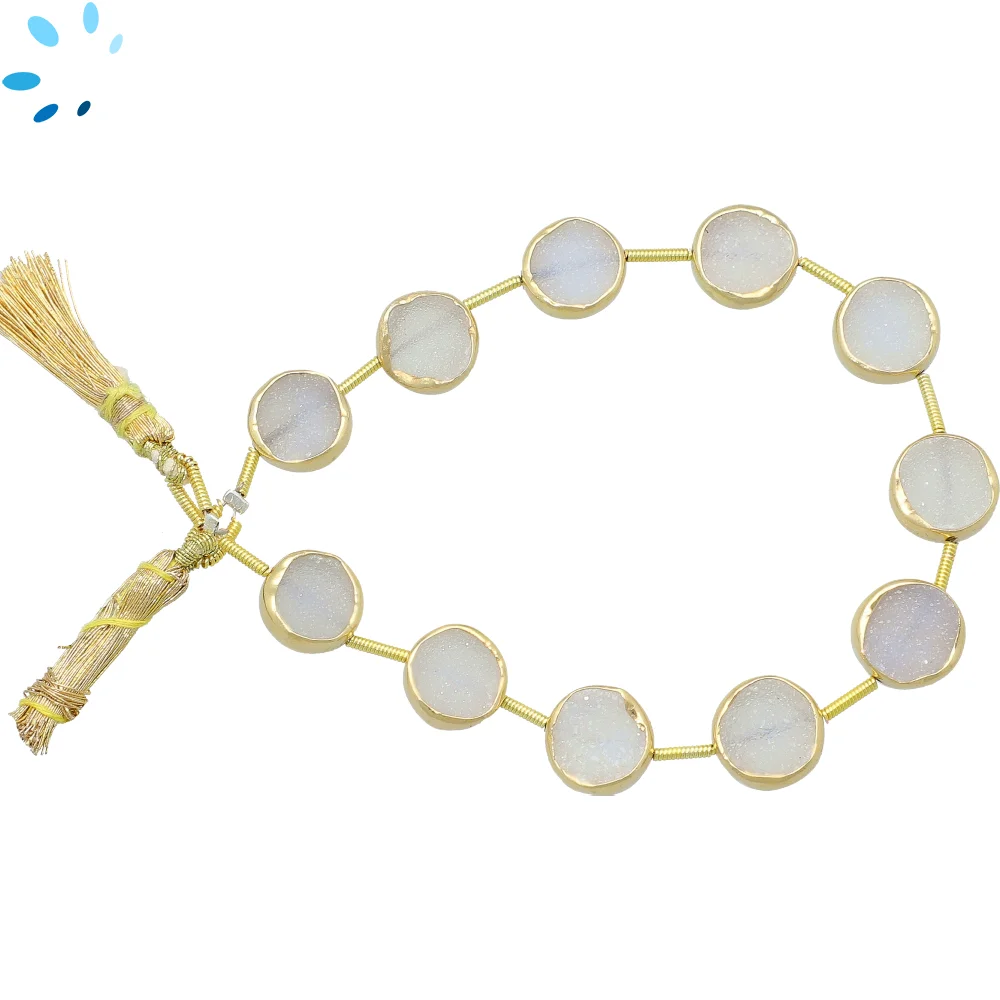 White Druzy Coin Bezel Set Beads 10mm Center Drilled - 18k Gold Plated Sterling Silver