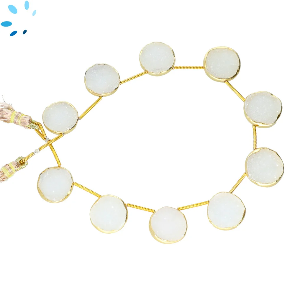 White Druzy Coin Bezel Set Beads 10mm Top Drilled - 18k Gold Plated Sterling Silver