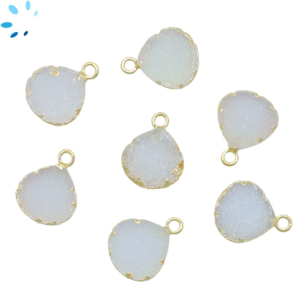 White Druzy Heart Charm Pendant 11mm 18k Gold Electroplated - Set of 4