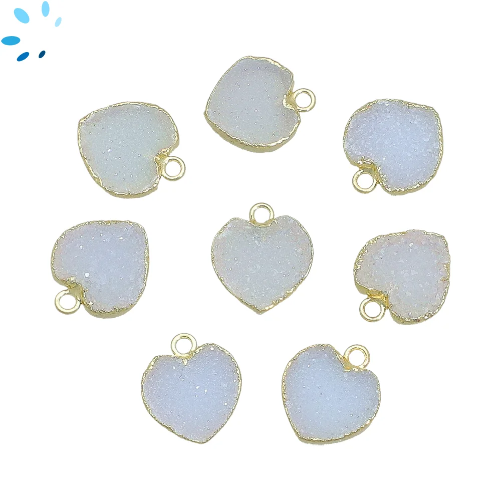 White Druzy Heart Charm Pendant 14-15mm 18k Gold Electroplated - Set of 4