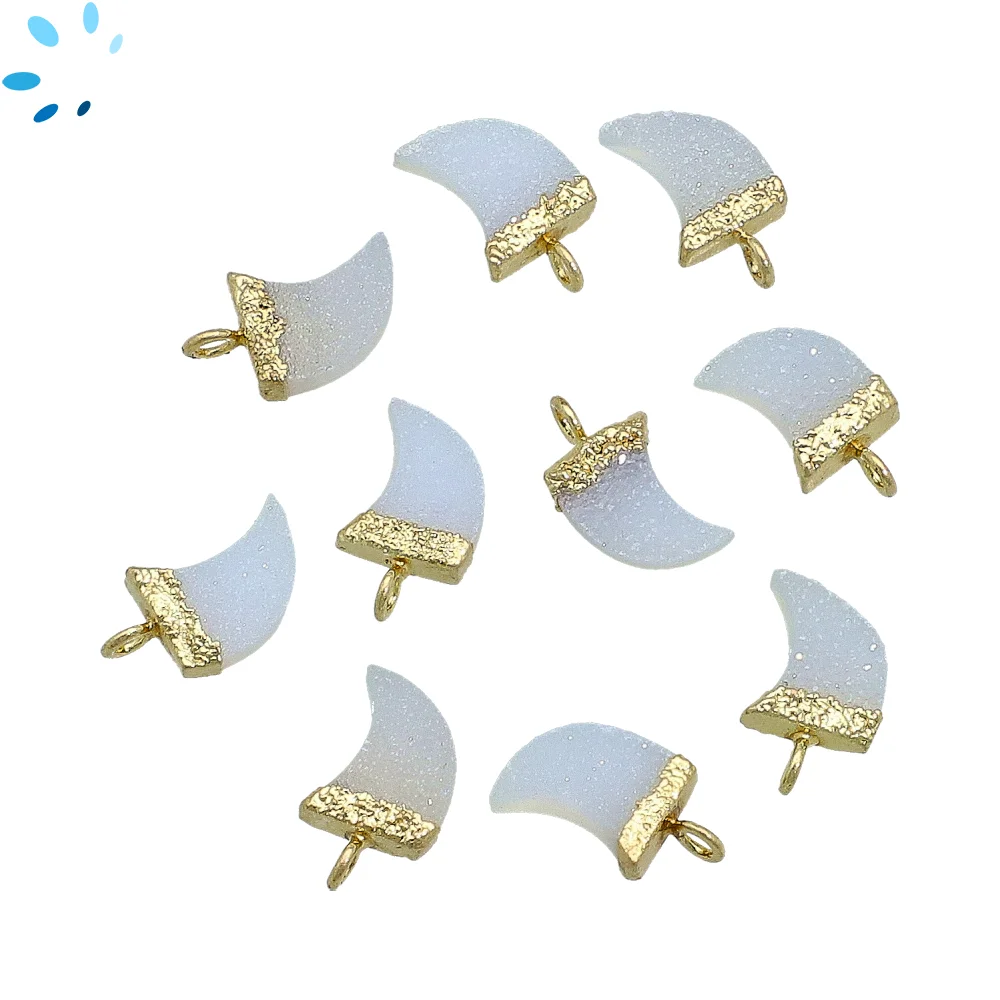 White Druzy Horn Charm Pendant 10x9mm 18k Gold Electroplated - Set of 4