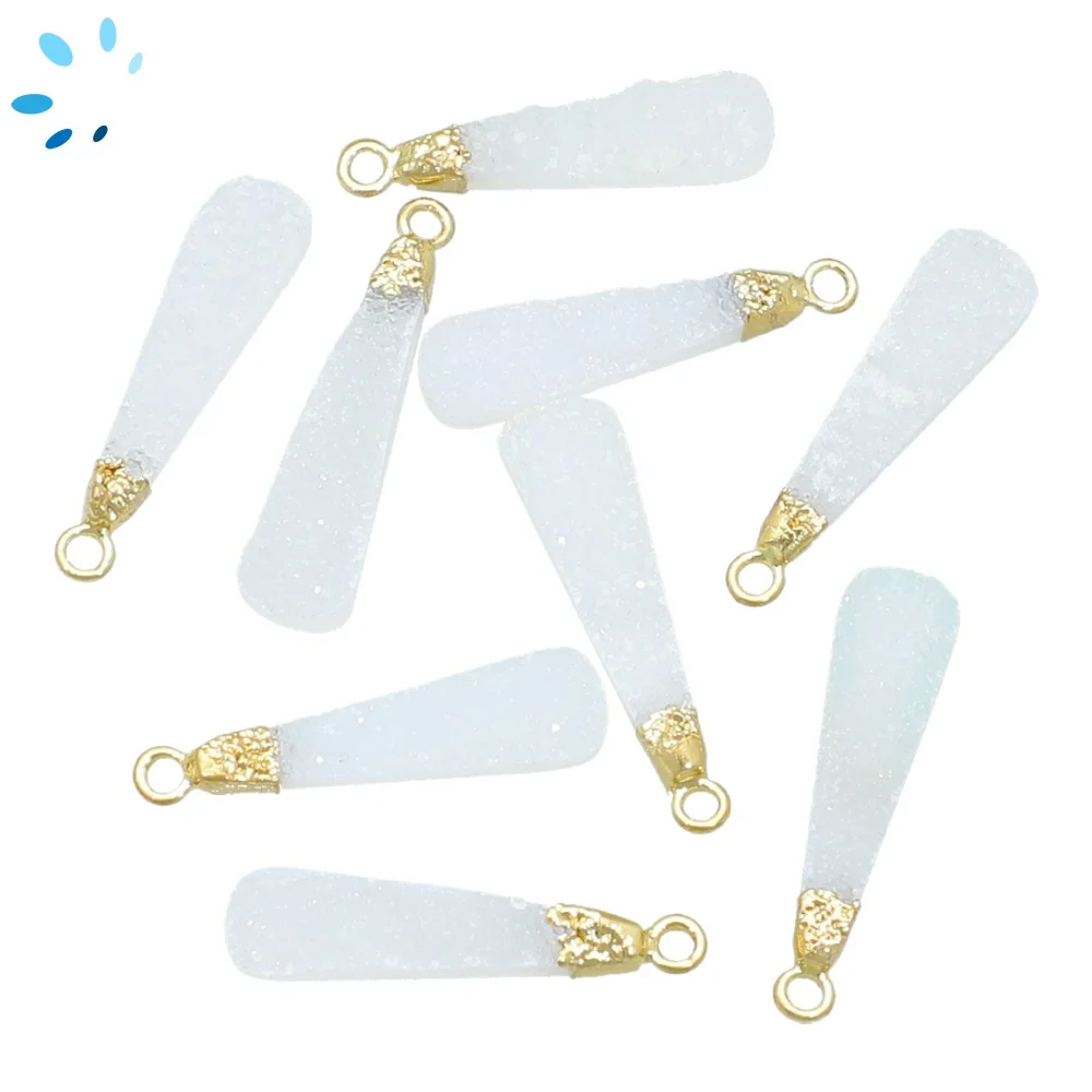 White Druzy Long Drop Charm Pendant 23x7 - 25x8mm 18k Gold Electroplated -  Set of 2