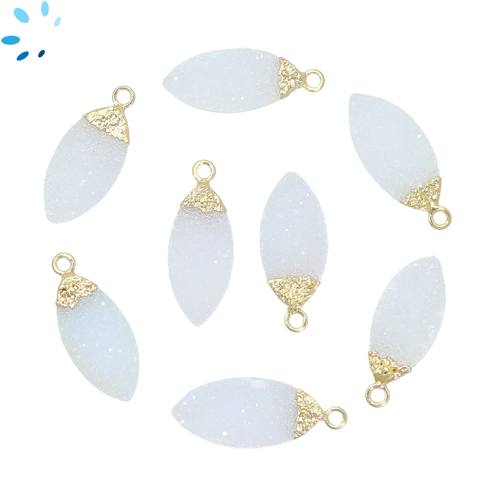 White Druzy Marquise Pendant Charm 17x8mm 18k Gold Electroplated - Set of 4