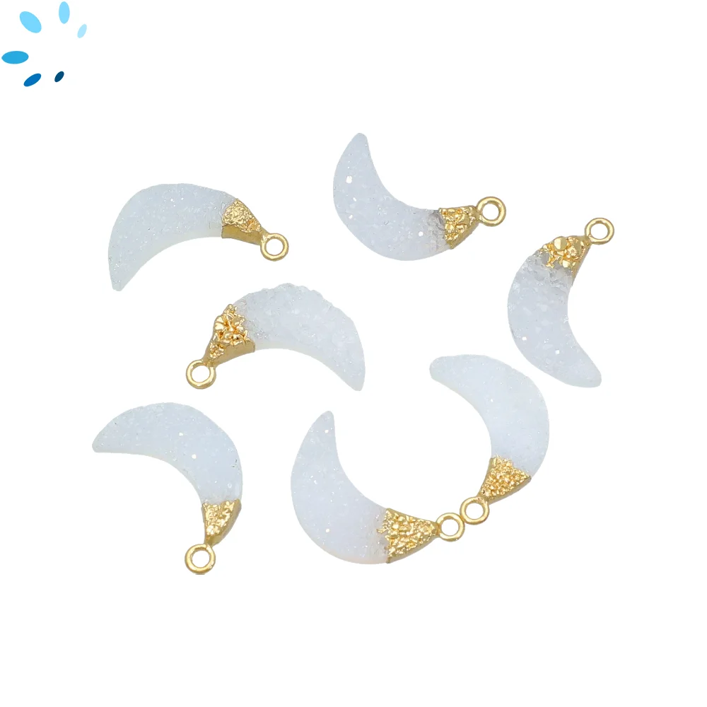 White Druzy Moon Charm Pendant 15x5 - 17x6mm 18k Gold Electroplated - Set of 4