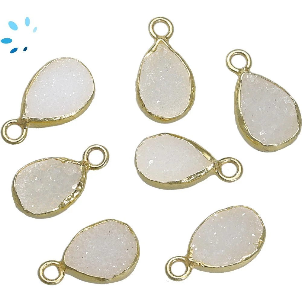 White Druzy Pear Bezel Pendant Charm 10x7 - 12x8mm - 18k Gold Plated Sterling Silver - Set of 4