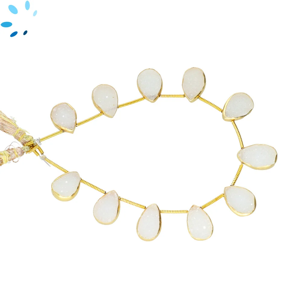White Druzy Pear Bezel Set Beads 10x7 - 12x8mm Top Drilled - 18k Gold Plated Sterling Silver