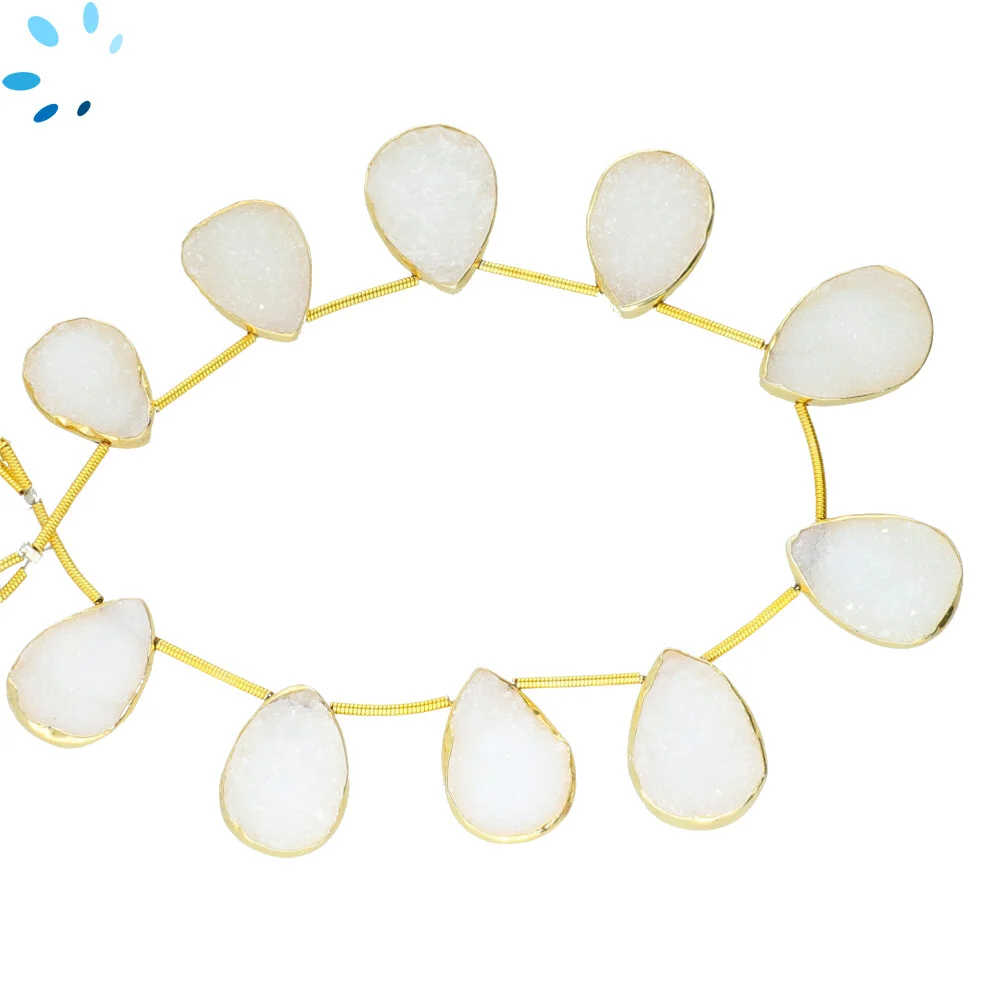 White Druzy Pear Bezel Set Beads 18x14 - 20x15mm Top Drilled - 18k Gold Plated Sterling Silver