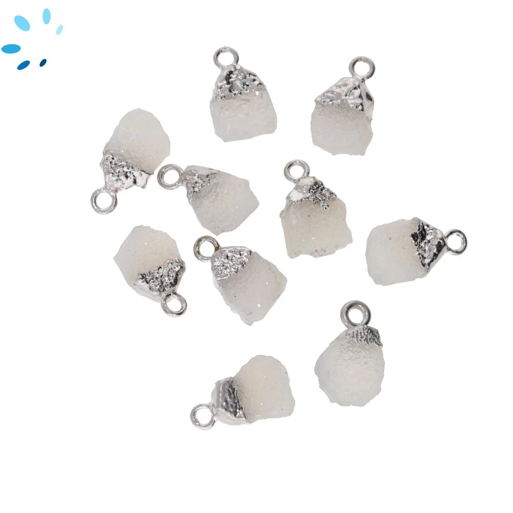 White Druzy Rough Charm Pendant 9x7mm Silver Electroplated - Set of 4