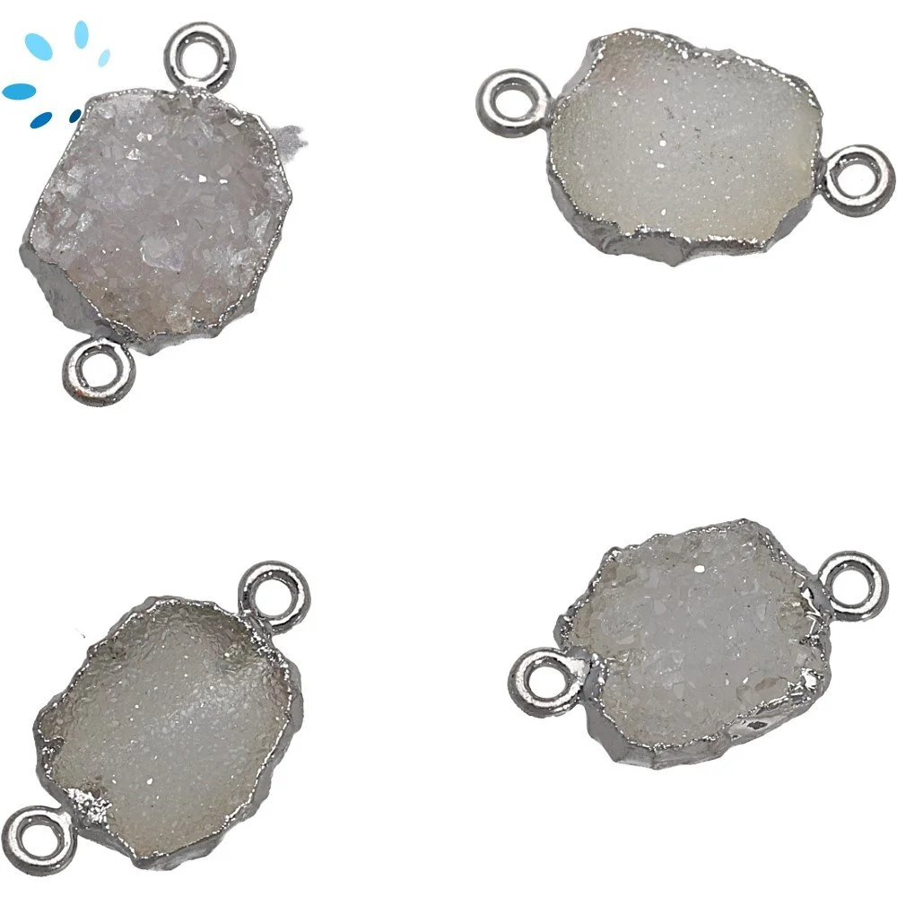 White Druzy Slice Connector 14x10 - 16x12mm Silver Electroplated - Set of 4