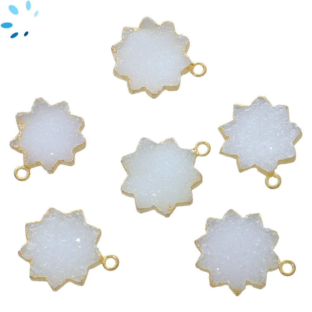White Druzy Sun Charm Pendant 17mm 18k Gold Electroplated - Set of 2