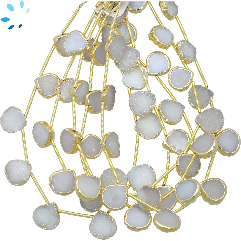 White Druzy Top Drilled Heart Beads 10mm - 18k Gold Electroplated